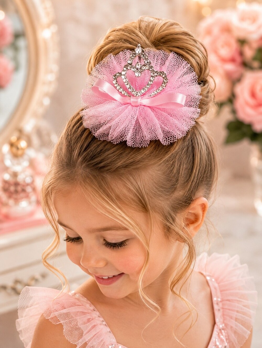 Pink Princess Crown Tulle Hair Bow Clip Rhinestone Girls NWT 4.5"